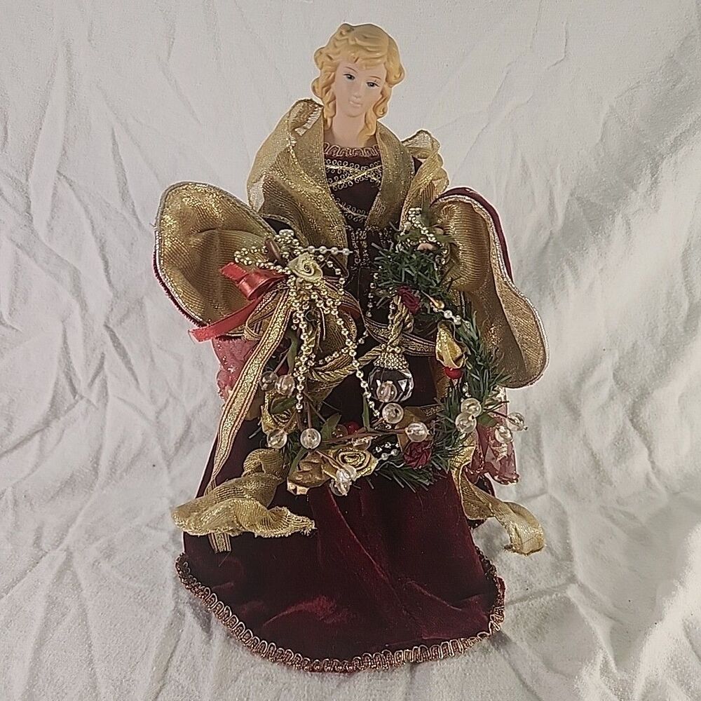 Vintage Angel Tree Topper/Stand Up 12" Tall Walmart Fabric Crystal-Flowers-Pearl